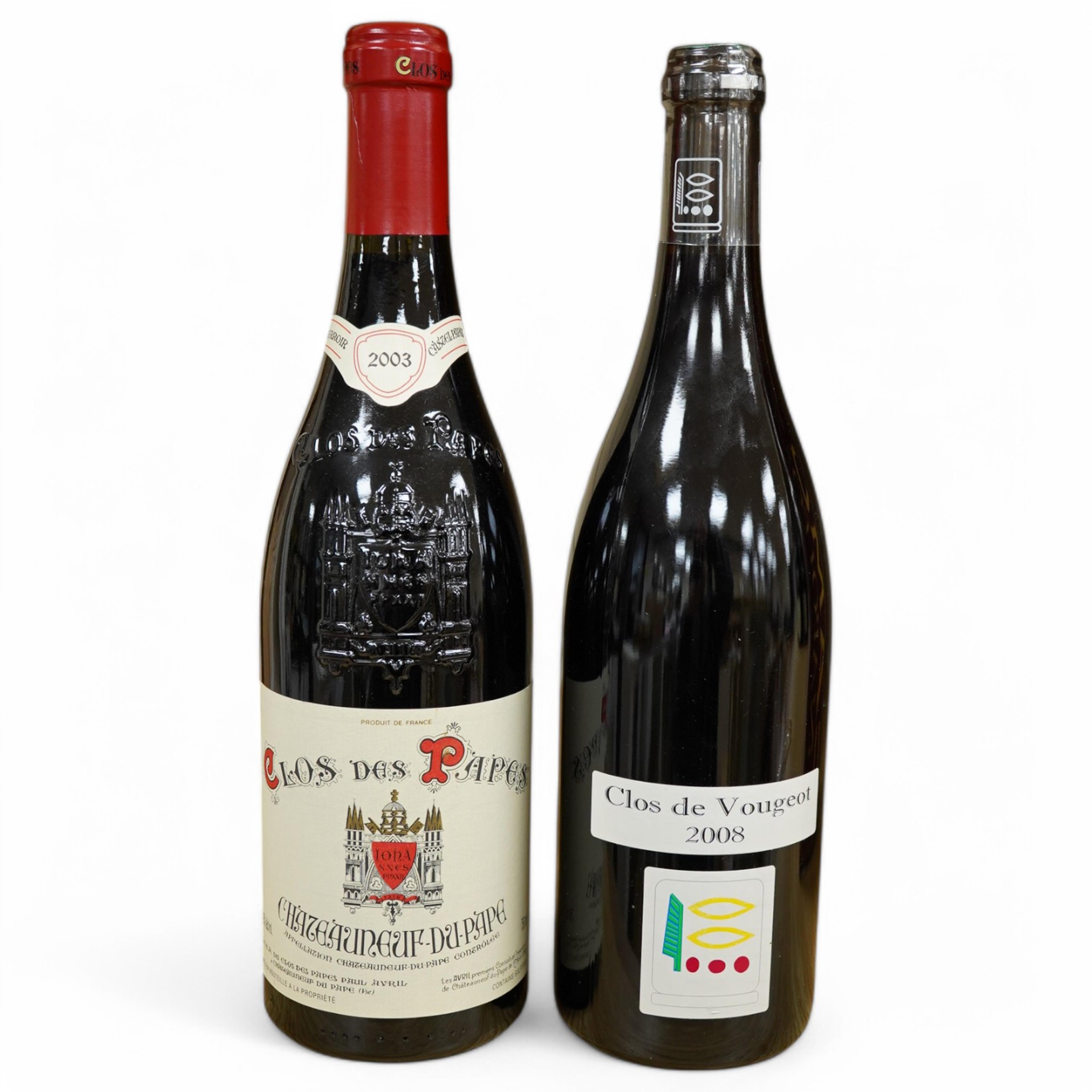 A bottle of Clos de Vougeot, 2008 Grand Cru, Domaine Prieure Roch, Premeaux-Prissey (2239 bouteilles) together with a Clos des Papes Chateauneuf du Pape 2003, Paul Avril (2). Condition - good, both well cellared